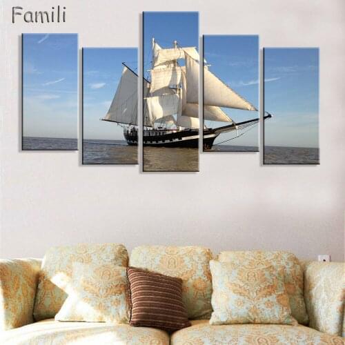 5Pcs/set Landscape Canvas Wall Art Sailing Boat Fancy and Peaceful Sunset Sea Seascape Canvas Prints Interior Room Home Decor