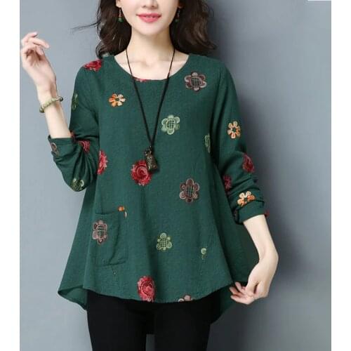 Tunic Blouses Women Embroidery Cotton Linen Shirt Ladies Long sleeve Casual Tops High quality