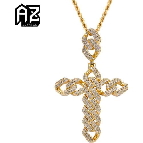 AZ Hip Hop Iced Out Cross Pendant Necklace For Men Women Paved Zircon With Long Link Chain Jewelry Rapper Gifts Free Shipping