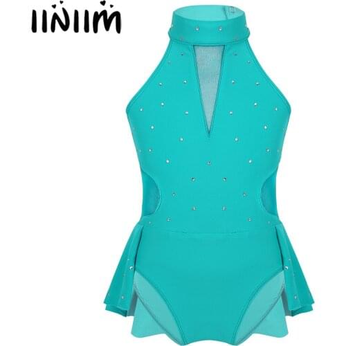 Kids Girls Sparkly Rhinestone Cutout Back Mesh Splice Leotard Modern Dancewear Contemporary Ballroom Dance Stage Performance