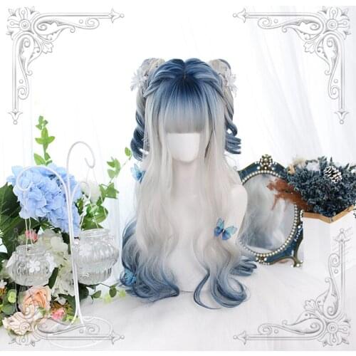 Long Wavy Female Wig Blue White Ombre Wigs Heat Resistant For Women Fairy Cosplay Party