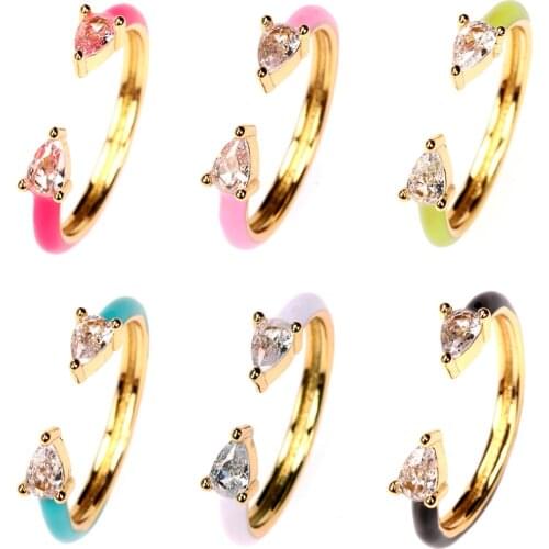 EYIKA Colorful Pastel Enamel Women Finger Rings Double Tear Drop Cubic Zirconia Open Adjustable Bague Fashion Female CZ Jewelry