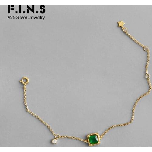 F.I.N.S Korean Fashion Square Green CZ Golden 925 Sterling Silver Bracelet for Women Round Zircon Pendant Charm Bracelet Jewelry