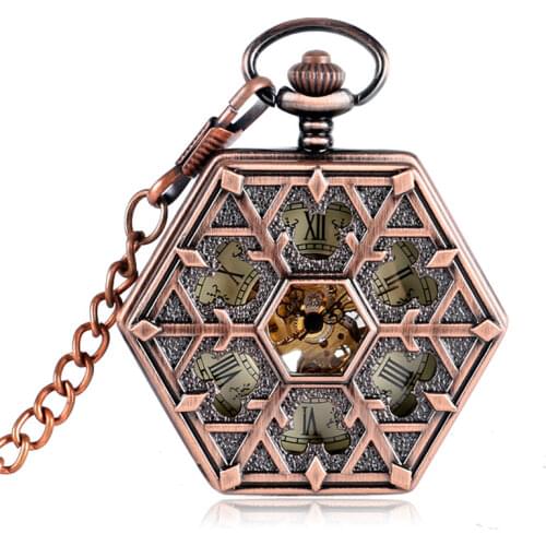 Retro Carving Snowflake Hexagon Pocket Watch Chain Stylish Skeleton Mechanical Hand Winding Women Men Christmas Gift P2015C
