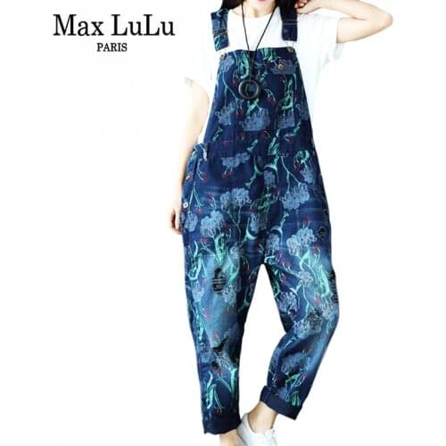 Max LuLu Korean 2021 Summer Fashion Women Blue Printing Denim Pants Ladies Casual Vintage Overalls Girls Buttons Jeans Plus Size