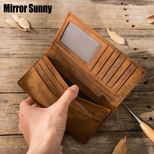 2020 Mens Retro Crazy Horse Leather Long Mobile Phone Wallet Top Layer Cowhide Genuine Leather Japanese Handmade Purse Male Bag