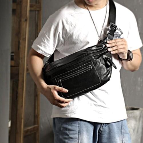 New mens large chest bag soft leather casual messenger bag leather mens black waist bag