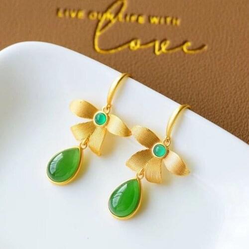 New Retro Natural Green Chalcedony Gold-plated Fashion Ancient Charm Earrings Cross-Border New Earrings Women