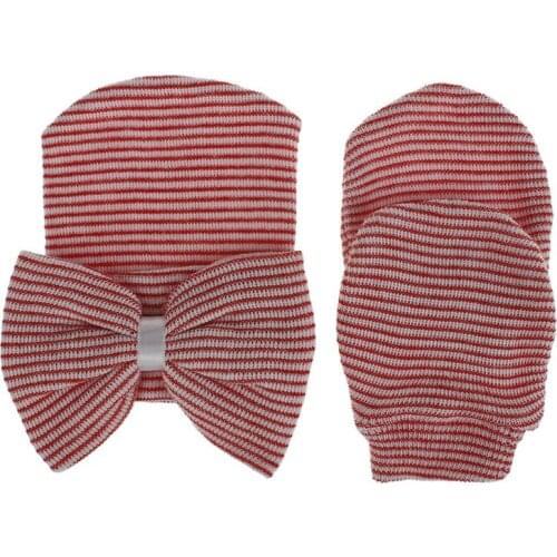 Newborn Baby Hospital Hat & Mitten Set,Boy Girl Infant Stripe Cap with Large Bow D0AF