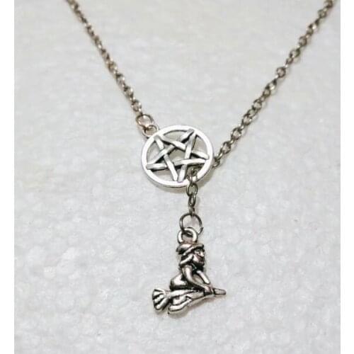 Halloween Necklace Witcher Charms Pentagram Star Wiccan Pentacle Cross Lariat Chain Necklaces Witchcraft Goth Women Protection