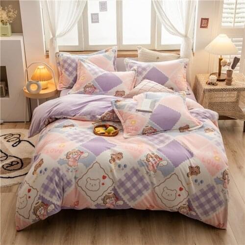 Winter Warm Flannel 3/4pcs Bedding Set Milk Velvet Quilt Duvet Cover Cartoon Thickened Snow Fleece Bed sheet Pillowcase Sets