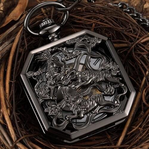 Vintage Chinese Mascot Lion Steampunk Hollow Black Mechanical Pocket Watch Men Hand Wind Skeleton Fob Watch Chain Pendant Square