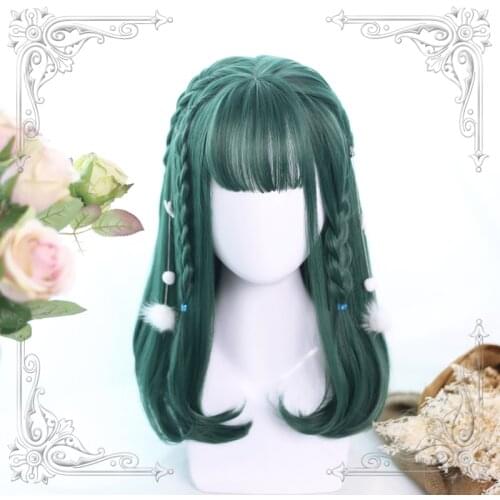 Cheryl Green Lolita Wig Harajuku Fairy Witch Straight Cosplay Bangs Long Sweet Fringe Adult Girls Synthetic Hair