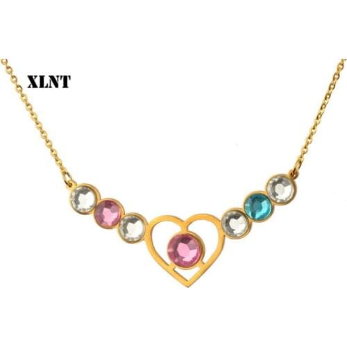 XLNT Romantic Love Memory Wedding Necklac Gold Heart Crystal Pendant Necklace Stainless Women Necklace