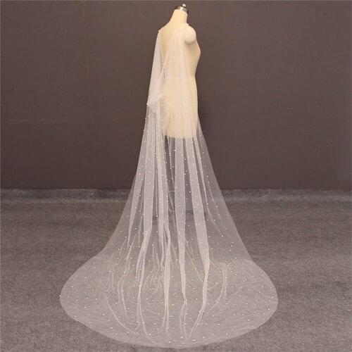 Lady Pearl Beaded Long Shawl Wedding Bridal Shoulder Tulle Women Elegant Romantic Illusion Cape