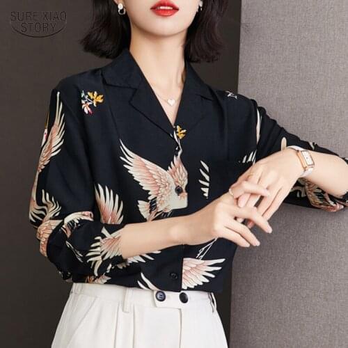 2021 Crane Printed Shirt Women Retro Top Elegant Long Sleeve Casual Shirt Ladies Polo Collar Women Clothes Chemisier Femme 16207