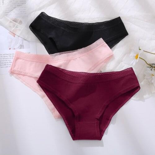 Women Cotton Panties Sexy Hollow Out Lace Waist Breathable Briefs Underwear Pure Color Low Rise Seamless Underpants Lingerie