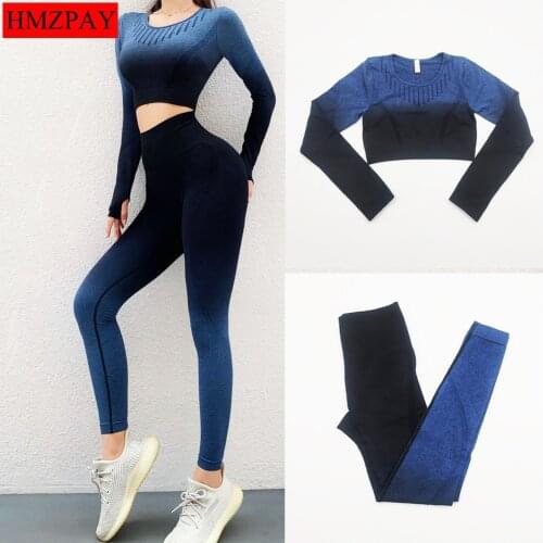 Ombre Yoga Sets Women Gym Clothes Seamless Long Sleeve Crop Tops Sports Leggings Running Workout High Waist Pants Fitness Wear