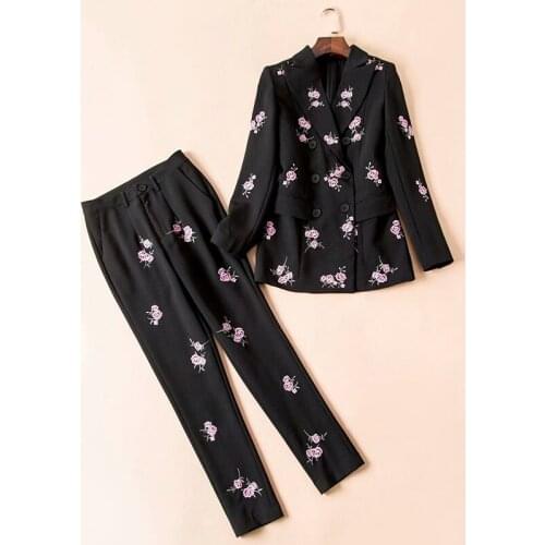 Winter HIGH QUALITY Fashion 2021 Designer Runway Womens Notched collar Long sleeve Double Breasted Embroidery Blazer Pants Suit