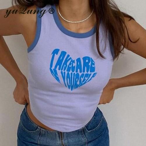 Sleeveless Y2k Women Tank Top Summer Sexy Heart Letter Print Patchwork Backless Lace UP Crop Top Vest Streetwear Clothes Yuqung