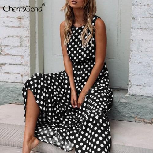 2021 Summer Boho Long Dress Women Dot Printed O Neck Sleeveless Dresses Female Elegant Beach Evening Party Dress Freeshipping