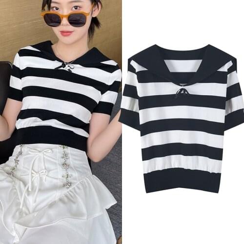 2021 Summer Women T-Shirts Knit Crio Tops Vintage Striped Tees Sailor Collar T Shirt Casual Fashion Japanese Korean Style ins