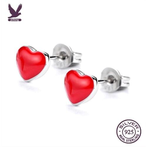 925 Sterling Silver New Woman Fashion Brand S Jewelry Red Heart Stud Earrings Sweet Red Crystal Epoxy Heart Shape Náušnice