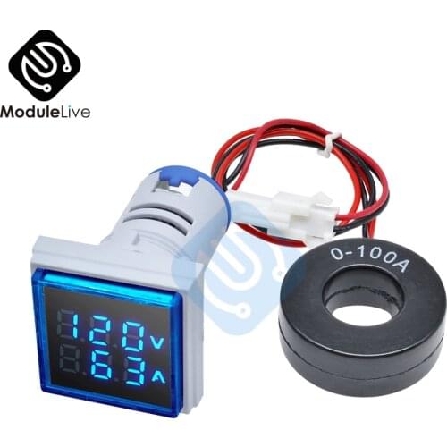 22MM 0-100A AC 50-500V 20-75Hz Digital Voltmeter Ammeter Voltage Current Meter Detector Blue Square Tester 220V Tools