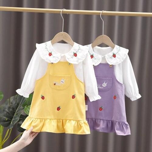 Baby girl spring autumn long-sleeve suspender dress suit age 0-4 baby clothes cute strawberry print top sling dress 2 piece set