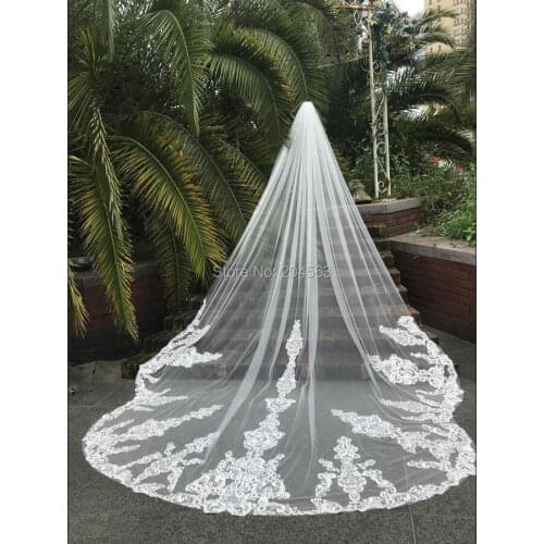 Real Photo Unique 4 Meters One Layer Wedding Veil With Comb Lace Edge Bridal Veils Cathedral Wedding Veil M2020