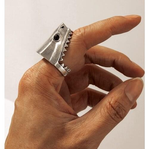 HuangTang Punk Open Crocodile Head Silver Color Single Ring for Men New Trendy Hollow Geometric Sings Personality Party Jewelry