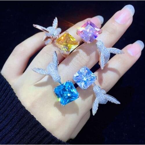 Cocktail ring 925 sterling silver with cubic zircon bird ring adjustable size fine women jewelry for party hummingbird