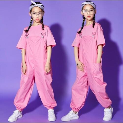 New Street Dance Costume Kids Girls Hip Hop Clothing Loose Pink T Shirt Rompers Modern Jazz Performance Wear Rave Clothes BL6190