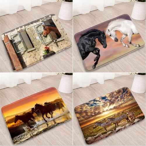 Farm Animals Bathroom Mats Run horse Retro Street Grassland Forest River Zebra Bedroom Kitchen Flannel Non-Slip Carpet Washable