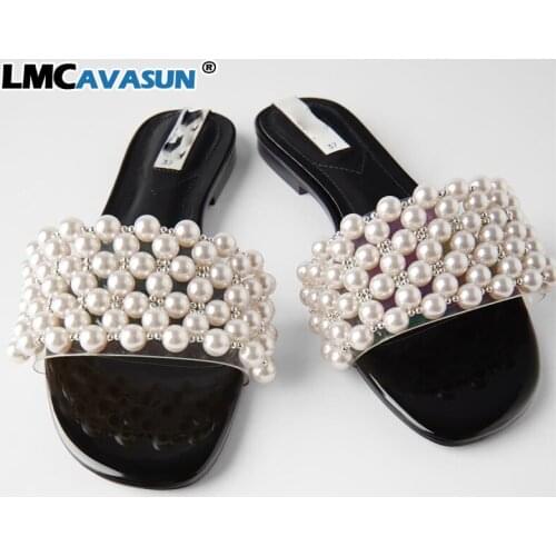 LMCAVASUN 2020 Summer pearl women slides flat casual beach women sandals