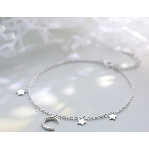 925 Sterling Silver Tassel Crystal Star Moon Charm Bracelet &Bangle For Women Wedding Jewelry Party SL035