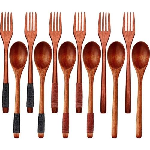 12Pcs Wooden Spoons Forks Set Flatware Set Wood Cutlery Set Reusable Wood Spoons Forks Tableware Set