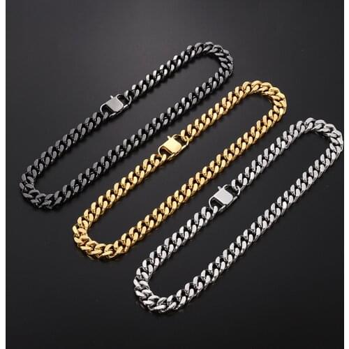 12mm Punk Stainless Steel Necklace for Men Women Curb Cuban Link Chain Chokers Vintage Black Gold Tone Solid Miami Cuban Metal
