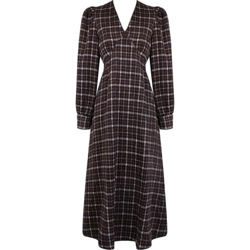 PERHAPS U Women Spring Black White Vintage Plaid Deep V-neck Empire Midi Dress Elegant Puff Long Sleeve Dress D2297