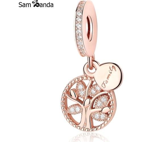Real 925 Sterling Silver Bead Family Rose Gold Tree Heritage Dangle Pendant Charm Fit Pandora Original Bracelet DIY Jewelry