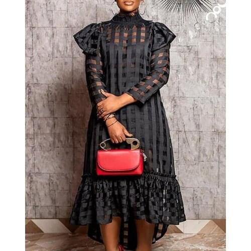 RMSFE 2021 Womens High Collar Long Sleeve Pullover Middle Waist Street Trendy Plaid Long Skirt Black Dress