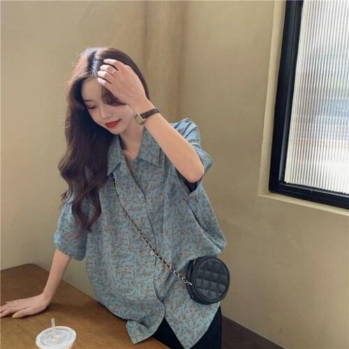 Shirts Women Vintage Summer Turn Down Collar Print BF Style New Collection Feminine Cozy Simple All-match Unisex Chiffon Clothes