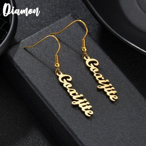 Diamon 2020 New Personalized Customized Earring For Women Stainless Steel Sideway Name Letter Earrings Vertical Party Jewelry