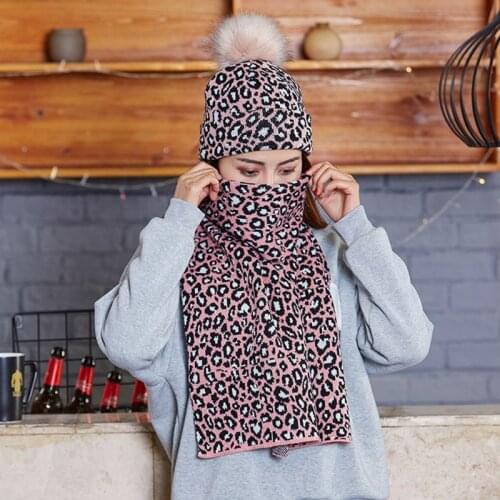 Women Scarf Hat 2Pcs Set Leopard Print Knitted Cuffed Beanie Cap with Long Wraps