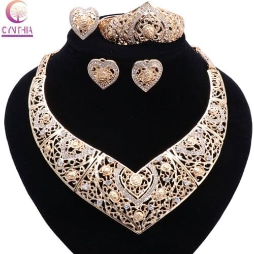 Bridal Wedding African Beads Jewelry Sets Gold color Crystal Women New Design Heart Necklace Earrings Bangle Ring Jewelry Sets