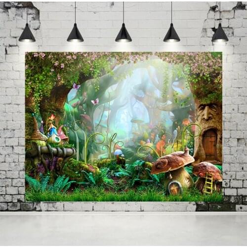 VinylBDS Fairy Tale Children Background Cartoon Mushroom Castle Photography Backdrop Dream Magic Forest Backgrounds for Studio
