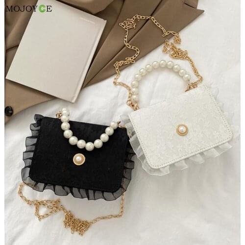 Vintage Women Pure Color Lace PU Leather Shoulder Crossbody Messenger Bag Casual Ladies Pearl Chain Small Top-handle Handbags