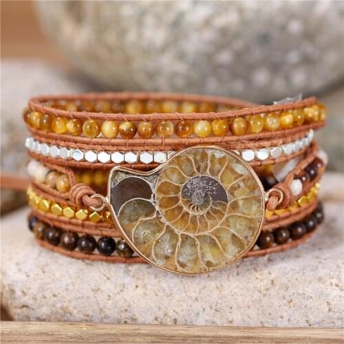Vintage Ethnic Gilded Shell Fossil Charm Gold Tiger Eye Beads 5 Strands Leather Wrap Bracelet for Women Boho Jewelry Dropship