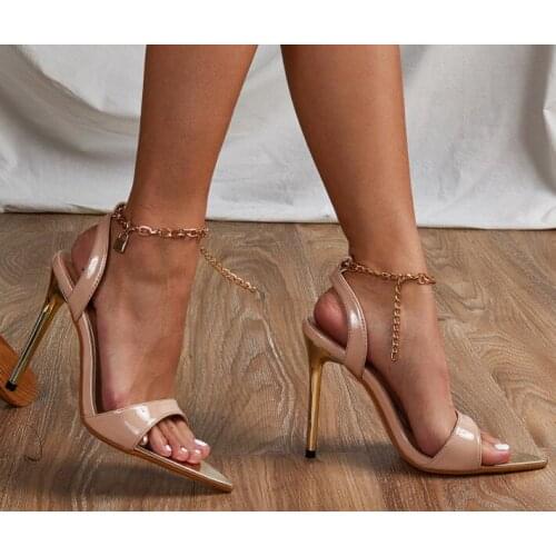 Moraima Snc Metal Chains Lace-up High Heel Shoe Sexy Open Toe Summer Sandal Ankle Strap Cutouts Gladiator Shoe High Heels Nude