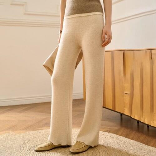Women 100% Cashmere Pants 2021 New Autumn Winter Soft Waxy Comfortable High-Waist Knitted Female High-end Solid Wide Leg Pants